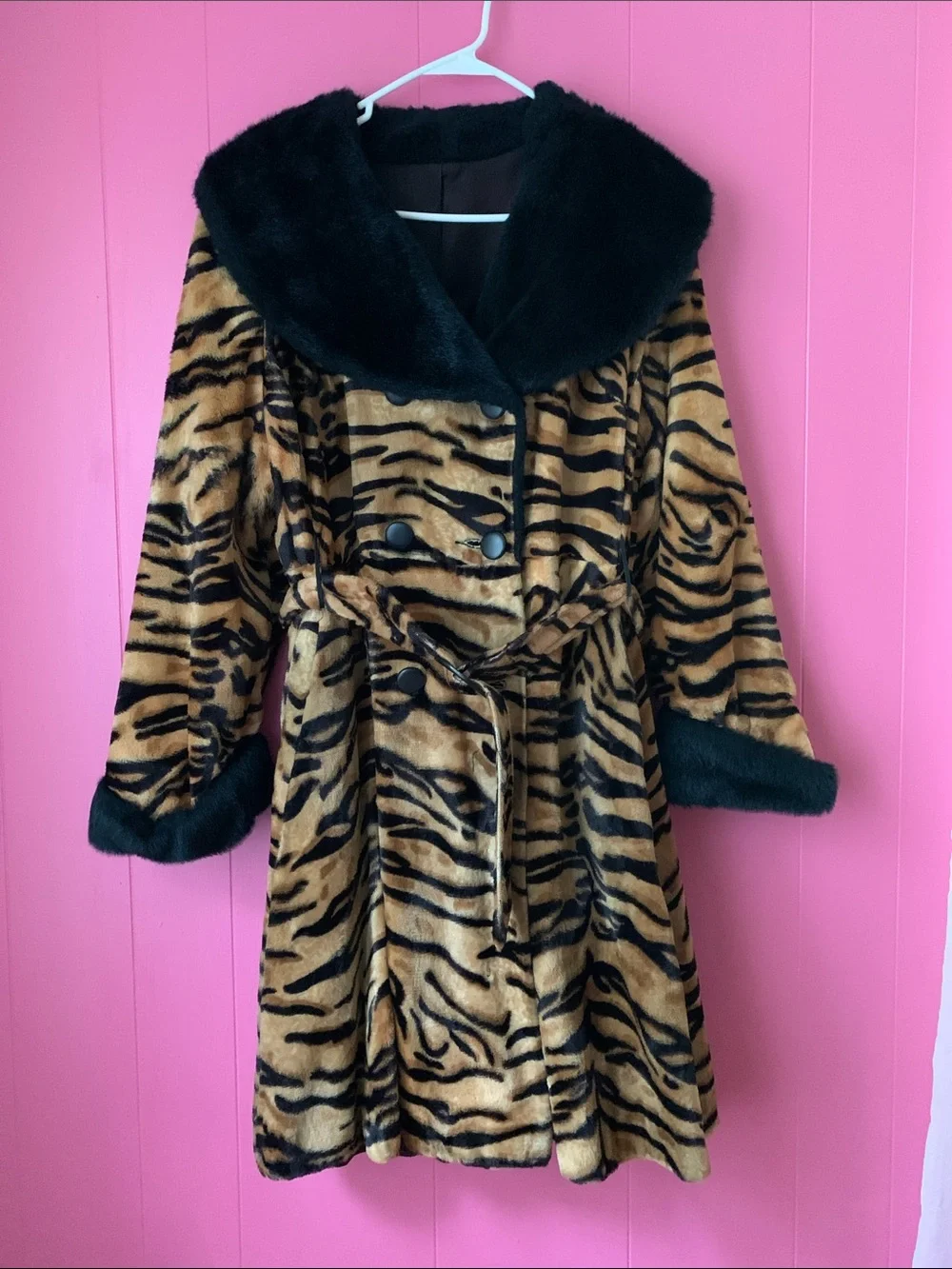 Vintage Faux Fur Tiger-Print Trench Coat with Black Faux Fur Trim 1950s - Picture 1 of 16